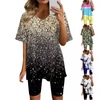 Женская одежда для дома, комплект из двух предметов для женщин, летняя футболка с v-образным вырезом, топы, шорты, спортивный спортивный костюм для тренировок L чёрный