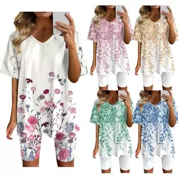 Женская одежда для дома, комплект из двух предметов для женщин, летняя футболка с v-образным вырезом, топы, шорты, спортивный спортивный костюм для тренировок XL зелёный