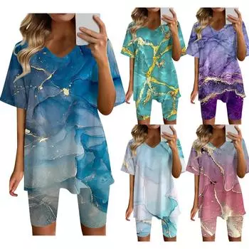 Женская одежда для дома, комплект из двух предметов для женщин, летняя футболка с v-образным вырезом, топы, шорты, спортивный спортивный костюм для тренировок L синий