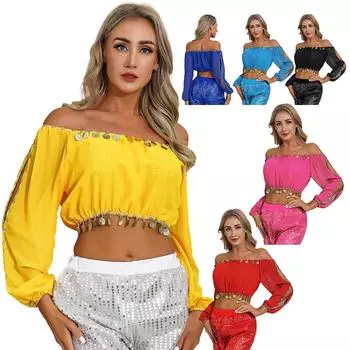 Женская одежда для индийских танцев, сексуальный укороченный топ с открытыми плечами, пышными рукавами и кисточками, шаль на шнуровке, костюм для танца живота One Size чёрный