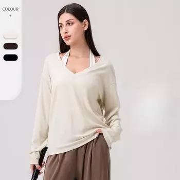 Женская одежда для йоги весна/осень, свободный повседневный спортивный топ с V-образным вырезом и длинным рукавом, мягкая, приятная для кожи футболка для фитнеса и бега S абрикосовый света