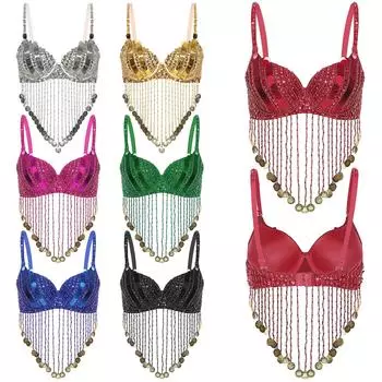 Женская одежда для латинских танцев живота с пайетками, топы на косточках с кисточками, танцевальный костюм для музыкального фестиваля, клубные топы в стиле трайбл One Size зелёный