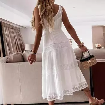 Женская одежда для отдыха в стиле кружева без рукавов пляжное платье S белый