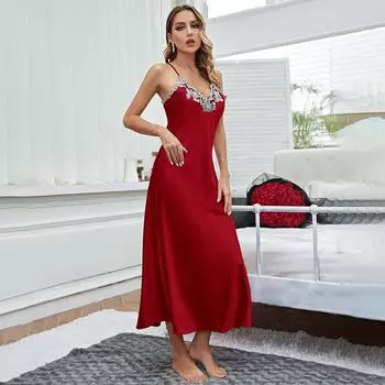 Женская одежда для сна, летняя сексуальная ночная рубашка, кружевная лоскутная длинная ночная рубашка на бретельках, без рукавов с v-образным вырезом, красное, розовое, черное платье для сна XXL чёрный