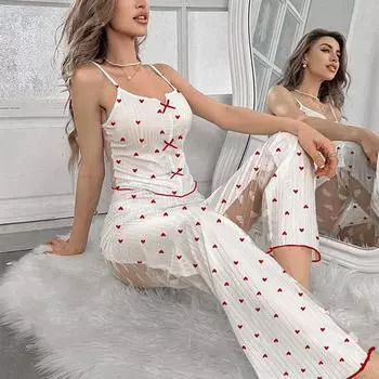 Женская одежда для сна лето осень Комплекты пижам Принт сердечки Безрукавная майка на бретелях с длинными брюками Комплект брюк Сексуальное кружево с вырезом на спине Линжери Пижамы S белый