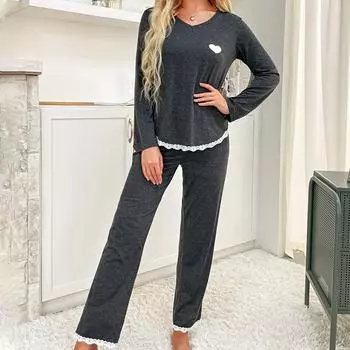 Женская одежда для сна весна-осень кружевная кайма длинные рукава брюки пижамы костюм ночная рубашка сексуальный V-образный вырез сердце домашняя одежда для отдыха S