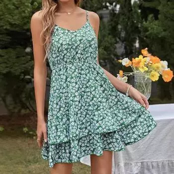 Женская одежда Европейская и американская INS Милое цветочное праздничное платье на подтяжках для девочек S зелёный