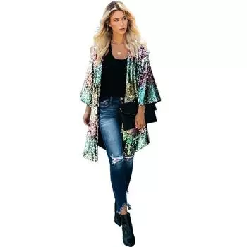 Женская одежда Европейская и американская мода Цветные пайетки Персонализированный уличный кардиган Тренч Пальто Женское S