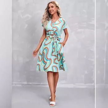 Женская одежда Европейские товары 2025 лето новое элегантное популярное платье с короткими рукавами с принтом S