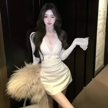 Женская одежда французская дочь кружево поддельные двухсекционный тонкий платье женщины S белый