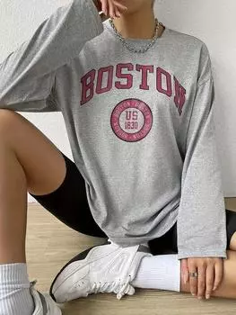 Женская одежда Футболка Chic BOSTON с буквенным принтом, круглым вырезом, длинным рукавом, слегка эластичная, идеально подходит для осени, женская спортивная повседневная одежда S