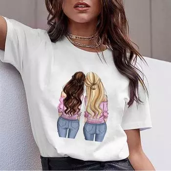 Женская одежда Футболка Harajuku Лучшие друзья Футболки с рисунком Camiseta Mujer Корейская футболка Femme M белый