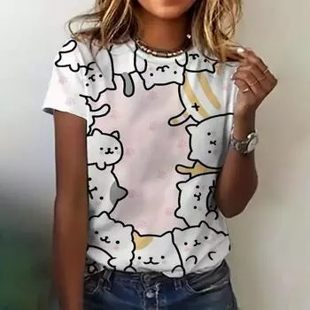 Женская одежда Футболка Летний круглый вырез с коротким рукавом Топ с 3d принтом кота Повседневный свободный модный топ с короткими рукавами Женская футболка XS