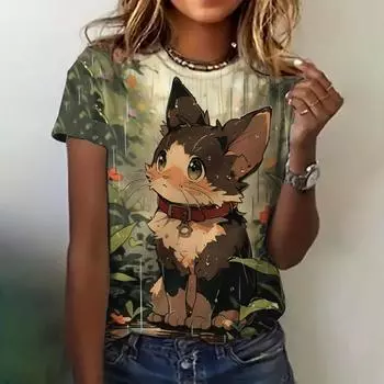 Женская одежда Футболка Летняя футболка с круглым вырезом и коротким рукавом с рисунком кошки Элегантная модная одежда Свободная повседневная одежда Женская футболка XS
