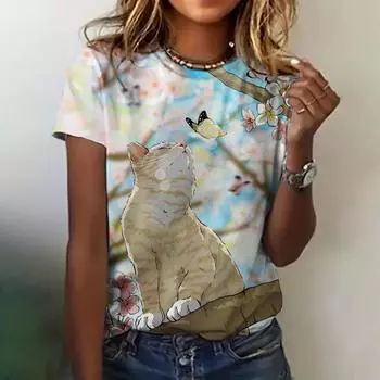 Женская одежда Футболка Летняя модная футболка с круглым вырезом и коротким рукавом с принтом кота Милый топ Свободная повседневная одежда Элегантная женская футболка XS