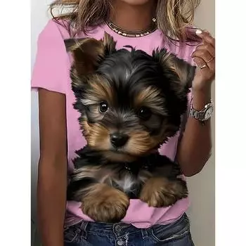 Женская одежда Футболка с 3D принтом животных и собак, праздничный круглый вырез, повседневный, универсальный, удобный, с короткими рукавами, летний топ XS