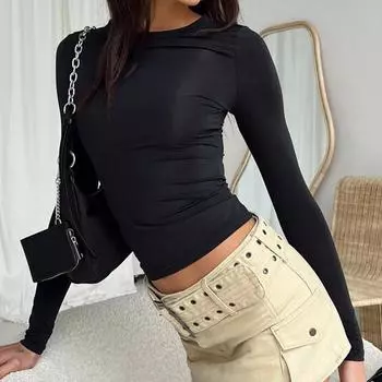 Женская одежда Футболка с длинным рукавом Облегающие топы Женская трикотажная облегающая футболка с круглым вырезом Уличная одежда 2024 S чёрный
