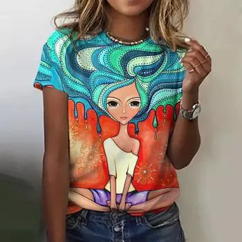 Женская одежда Футболка с круглым вырезом Модная летняя элегантная одежда с коротким рукавом Свободный повседневный топ с винтажным принтом Женская футболка S