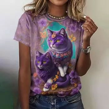 Женская одежда Футболка с принтом кота Футболки большого размера с круглым воротом Забавные футболки Футболки и блузки с принтом O-образного выреза Любитель кошек S