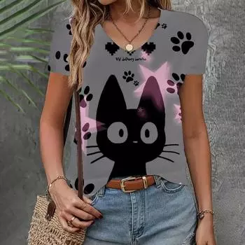 Женская одежда Футболка с V-образным вырезом, летняя свободная футболка с коротким рукавом и принтом кота, повседневная модная одежда, женская футболка, новая модель 2024 года XS