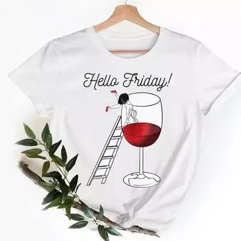 Женская одежда, футболки Wine Happy Time, милые женские модные повседневные женские футболки, одежда с короткими рукавами и рисунком, футболка с рисунком S белый