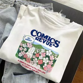 Женская одежда из чистого хлопка. Белая футболка с короткими рукавами и принтом. Верх с круглым вырезом и половиной рукава. M