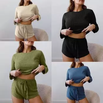 Женская одежда из двух предметов, осень и зима, длинные рукава, широкие шорты, пижамы, повседневные модели, круглая горловина, удобная домашняя одежда free40-67.5kg синий