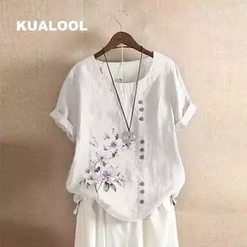 Женская одежда из хлопка и льна, летняя и осенняя повседневная свободная футболка из хлопка и льна в стиле ретро с короткими рукавами, женская одежда из хлопка и льна, большого размера 2XL чёрный