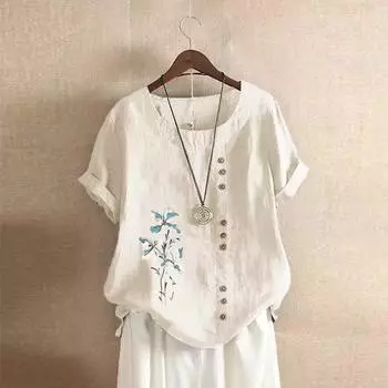 Женская одежда из хлопка и льна, повседневная свободная футболка с короткими рукавами из хлопка и льна, размер Large S зелёный