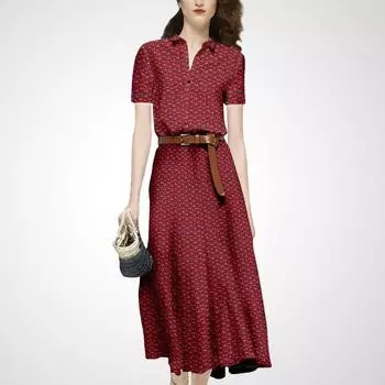 Женская одежда Элегантность Летняя мода Принт Платье с коротким рукавом Wine Red printing S