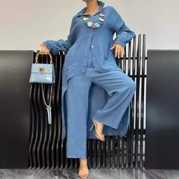 Женская одежда Элегантный комплект из рубашки и брюк с кружевными манжетами для женщин Стильная блузка с неровным подолом и брюками на резинке на талии Шикарный на осень XXL белый