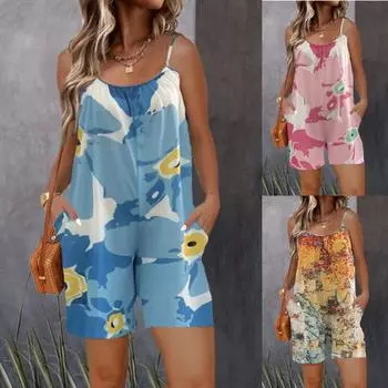 Женская одежда Комбинезон с цветочным принтом для отдыха Короткий комбинезон без рукавов S золотой