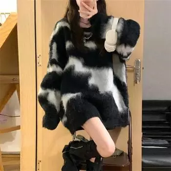 Женская одежда Корейский полосатый вязаный свитер с круглым вырезом и длинными рукавами Винтажная повседневная мода Мешковатые женские топы Осень XL чёрный