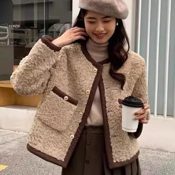 Женская одежда Куртка из искусственного меха Свободная верхняя одежда Женская утепленная теплая короткая куртка Повседневная ветровка Осень-зима Тедди меховой блейзер S кофейный
