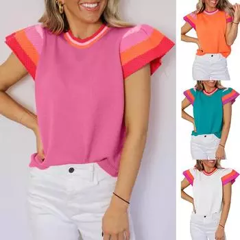 Женская одежда Летние трикотажные топы с круглым вырезом, яркие, милые, с короткими рукавами, женские джемперы S красный