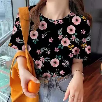 Женская одежда, летняя дышащая футболка с круглым вырезом и коротким рукавом, элегантный топ с цветочным принтом, свободная женская футболка, одежда S