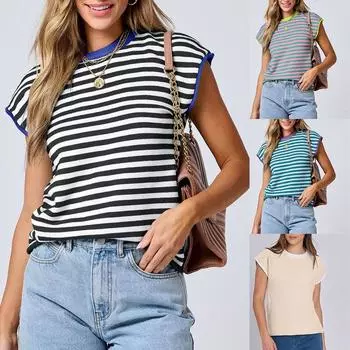 Женская одежда, летняя новинка, футболка с круглым вырезом и короткими рукавами, трикотажные топы, повседневный полосатый джемпер Color Collision S чёрный