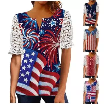 Женская одежда, летняя повседневная пляжная накидка, свободная винтажная шифоновая короткая рубашка с принтом Дня независимости, скрытая туника на животе, топы XXL