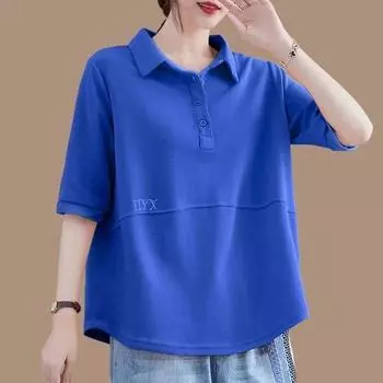 Женская одежда, летняя простая повседневная уличная одежда, большие футболки с воротником-поло, однотонные топы с короткими рукавами S чёрный