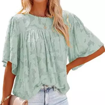 Женская одежда V-образный вырез летняя шифоновая блузка однотонная рукава-труба кружевной вырез топ S чёрный