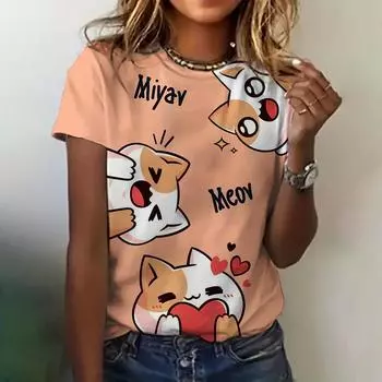 Женская одежда, милая футболка, летняя футболка с круглым вырезом и короткими рукавами, топ с кошачьим узором, свободная повседневная удобная одежда, женская футболка S