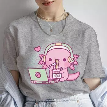 Женская одежда Милый мультфильм Аксолотль любит лапшу быстрого приготовления Футболки в стиле аниме Повседневные модные футболки Летние винтажные женские футболки S серый