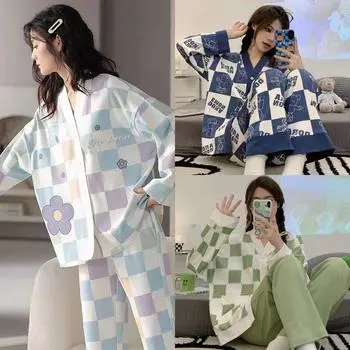 Женская одежда Модели Four Seasons Милая пижама с длинными рукавами Можно носить на улице Мультяшная милая удобная домашняя одежда большого размера free-40-75kg фиолетовый