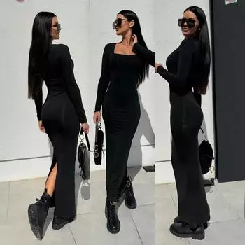 Женская одежда модная и сексуальная, стройная и тонкая, длинное платье с леопардовым принтом, платье с разрезом в стиле Spice Girl с квадратным вырезом. S