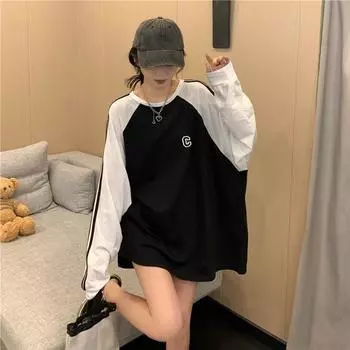 Женская одежда, модная свободная футболка с длинным рукавом и круглым вырезом, весна-осень, повседневный тонкий стиль, пуловер, элегантная женская футболка с буквами L чёрный