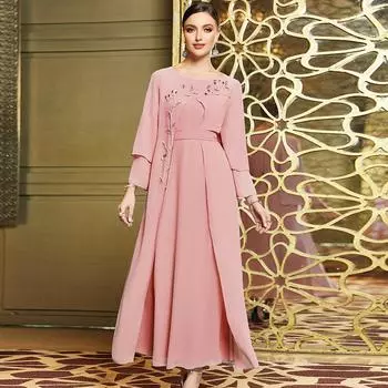 Женская одежда, модное тяжелое мусульманское платье из двухслойного шифона с ручной вышивкой и стразами M синий