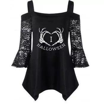 Женская одежда на Хэллоуин с длинными рукавами, однолинейный воротник, кружевная вставка, топ 2XL