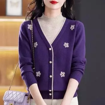 Женская одежда на пуговицах с длинным рукавом и полувысоким воротником, осенне-зимний свитер, вязаный пуловер, повседневный, элегантный, с резьбой S красный