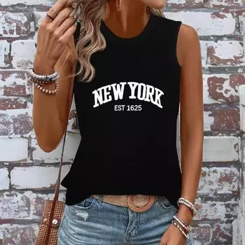 Женская одежда, новые печатные футболки без рукавов, летние и весенние повседневные свободные топы без рукавов, повседневные уличные топы, комплекты одежды S