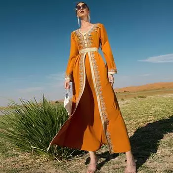 Женская одежда, однотонное кружевное платье ручной работы со стразами, облегающее мусульманское платье из двух частей S оранжевый